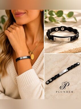 Women’s Black Braided Leather Bracelet Silver Plate Adjustable Snap Cuff Boho